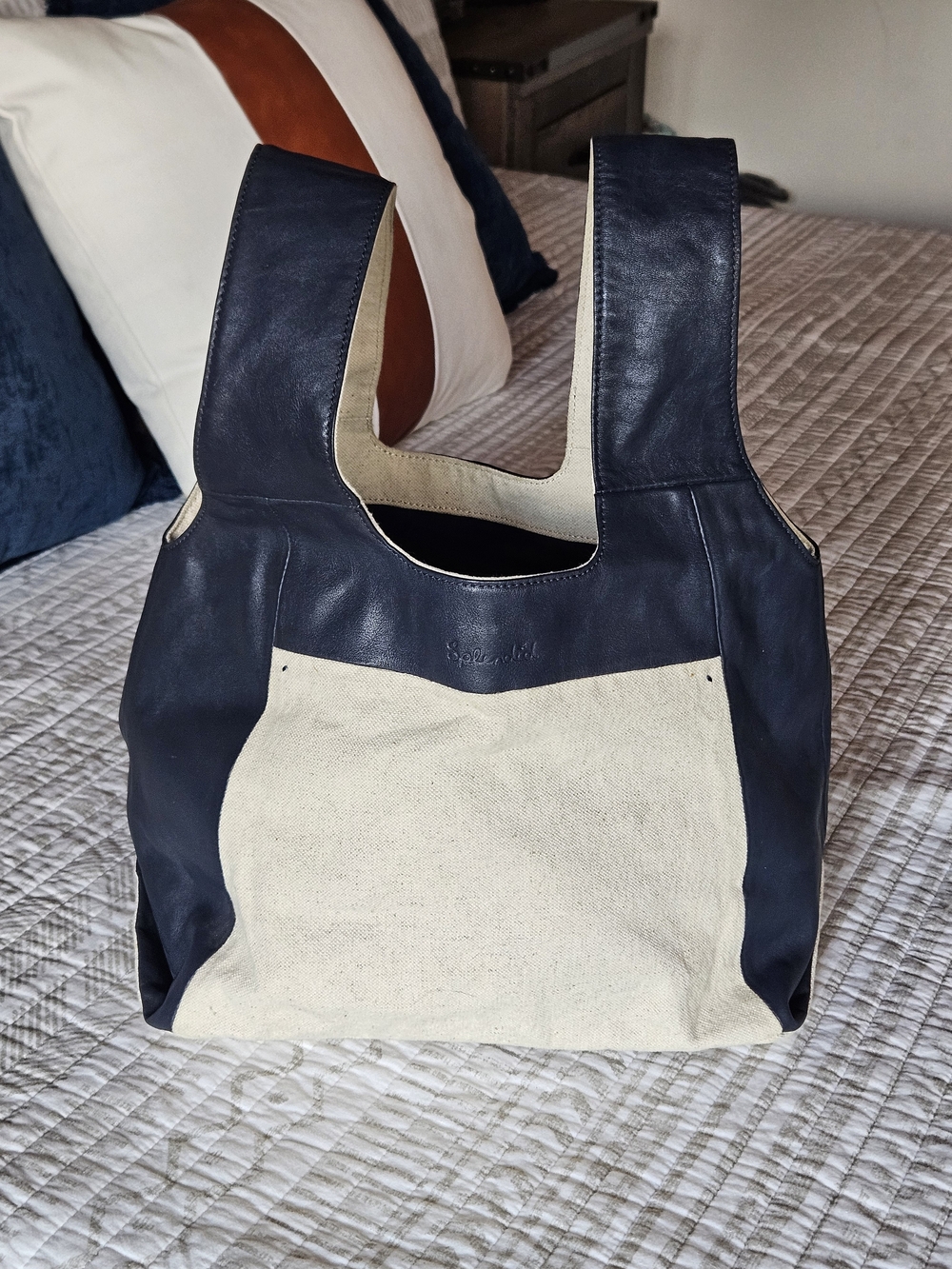Splendid Canvas & Navy Leather Shoulder Tote Bag - Neutral Two-Tone